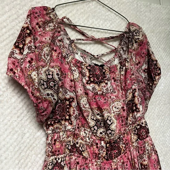 TORRID Crinkle Gauze Cris Cross Back Top Pink & Brown Peplum Cinched Waist Shirt - Picture 5 of 13